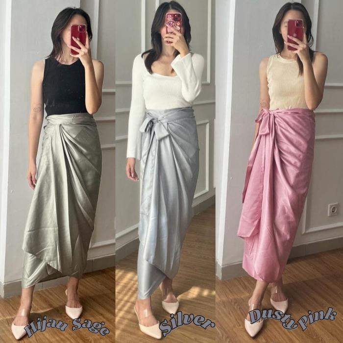 Promo Rok Wanita Kain Lilit Serut Polos Bahan Sateen Velvet Navy & Lainnya Premium