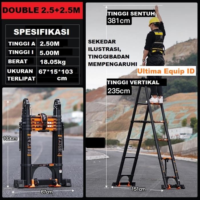 Tangga Lipat 2.5+2.5 Teleskopik Telescopic Double Aluminium Alumunium