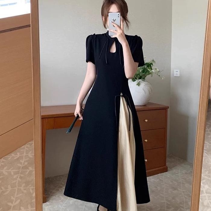 89SO - 100 ( M-4XL ) - Dress Hitam Wanita Ala Cheongsam Warna Kombinasi