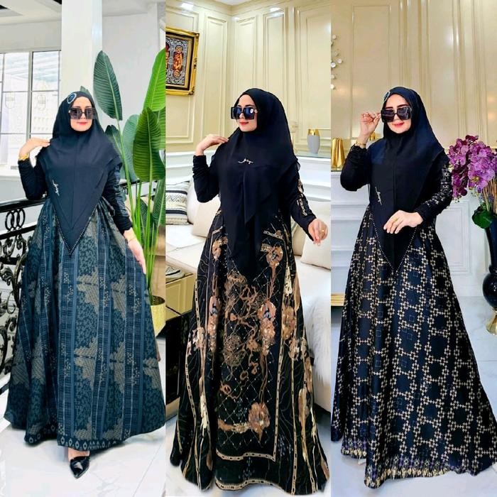 lplw- Gamis SyarI Set Syari Gamis Motif Syari Mewah Dress Motif Bunga Strip Hitam Serut