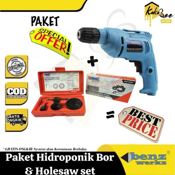 Dongcheng Tools - Paket Hidroponik Mesin Bor Keyless 10Mm Benz Dan Holesaw Kit Set 13 Pcs Kodenki -