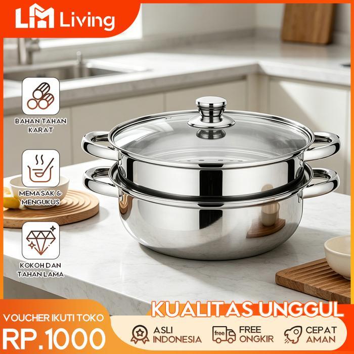 L.M Living Panci Steamer Stainless 2 Susun Panci Kukus Untuk Siomay & Dimsum Cepat Matang & Anti
