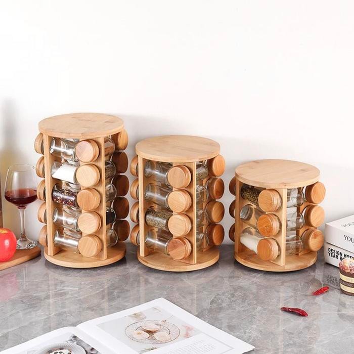 RAK KAYU BOTOL BUMBU KACA ESTETIK / RAK PUTAR BUMBU KAYU / RAK DAPUR