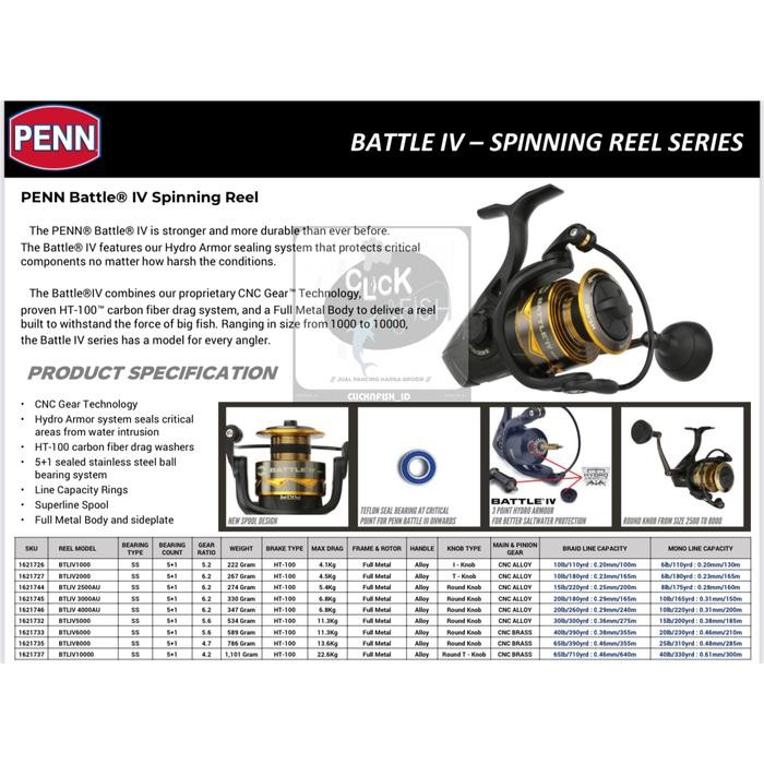 REEL PENN BATTLE IV SW Spinning Reel 1000 2000 2500 3000 4000 5000 6000 8000 10000 Saltwater Metal