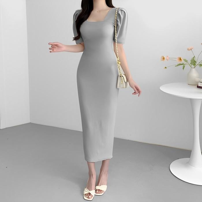 Pilihan- Instyle Fashion - Dress Rajut Casual Bodycon Long Dress Square Neck Lengan Pendek
