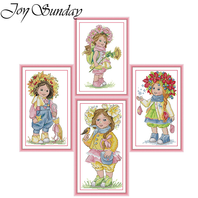 Joy Sunday Cross Stitch Kit Four Seasons Girls Pattern DIY Needle Embroidery Set Aida Fabric 16/14/1