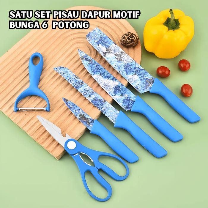 Pisau Set 6 Pcs Corak Bunga knife Set Stainless Steel Anti Lengket / Flower Kitchen Knife Set 6 Pcs