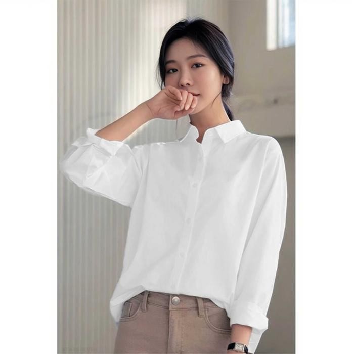 Kemeja Panjang Wanita Putih Polos Formal Casual Terbaru Kantor Hem