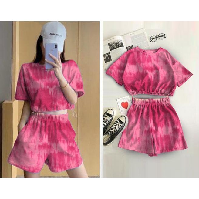 FEMMESHOPA-SETELAN WANITA-FN SET CROP TIE DYE