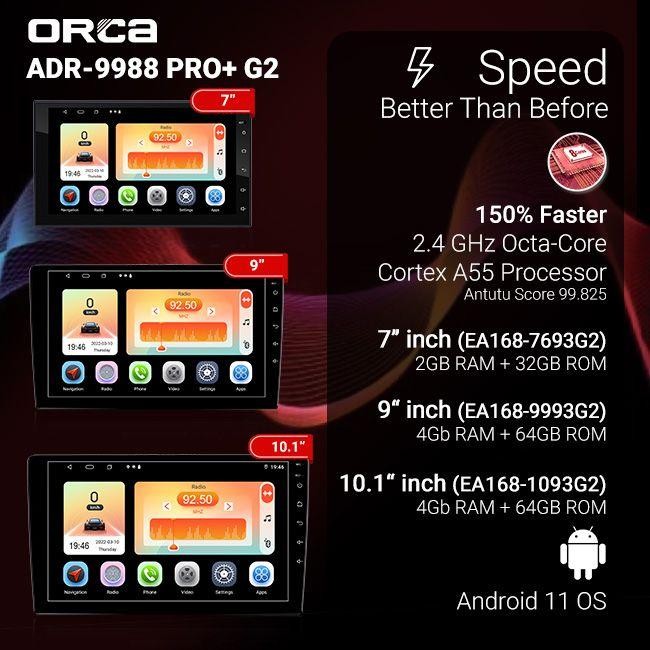 Head unit Android tv Auto Carplay 10 inch ORCA ADR 9988 PRO+ plus DVR