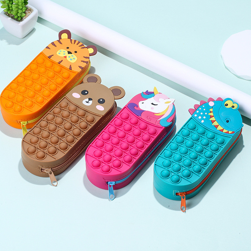 Pop It Pencil Case Push Pop Bubble Fidget Stress Relief Cartoon Unicorn Dinosaur Tiger Bear Large