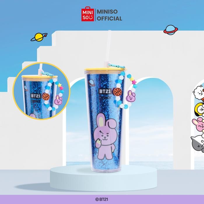 Pilihan- [Clearance Sale] Miniso X Bt21 Collection Double Wall Plastic Tumbler With Straw &