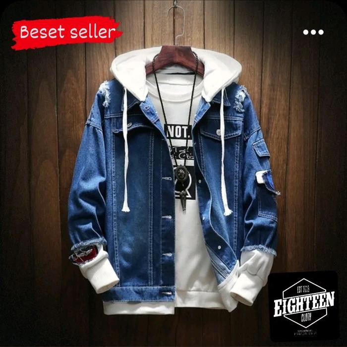 Pilihan- Jaket Jeans Pria Kupluk Hiphop Denim Distro Cowok Keren Panjang Lengan Casual Biru