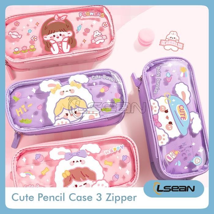 

OJ TEMPAT PENSIL LUCU KOREA KARTUN LUCU 3 ZIPPER KAPASITAS BESAR MULTIFUNGSI CASE Stationery