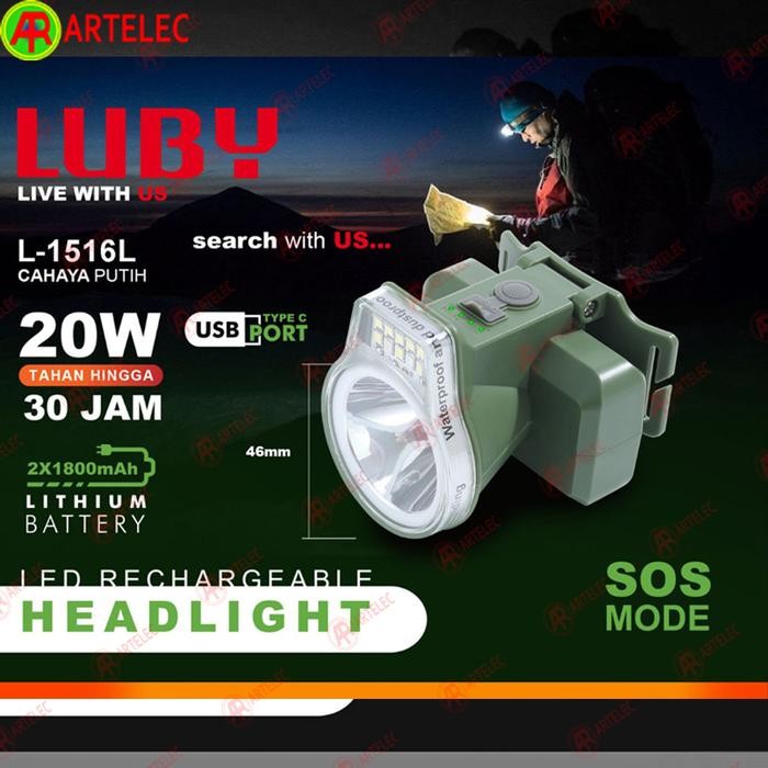 Ready LUBY senter kepala led Headlamp L1516 L-1516 COB SOS