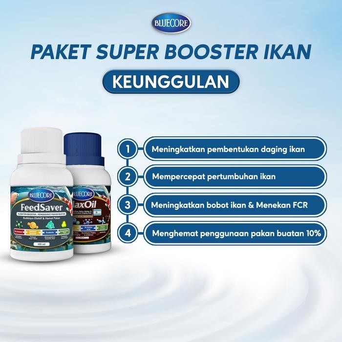 BLUECORE PAKET SUPER BOOSTER IKAN DENGAN PLANKTON BOOSTER & MINYAK IKAN UNTUK HEMAT PAKAN DAN
