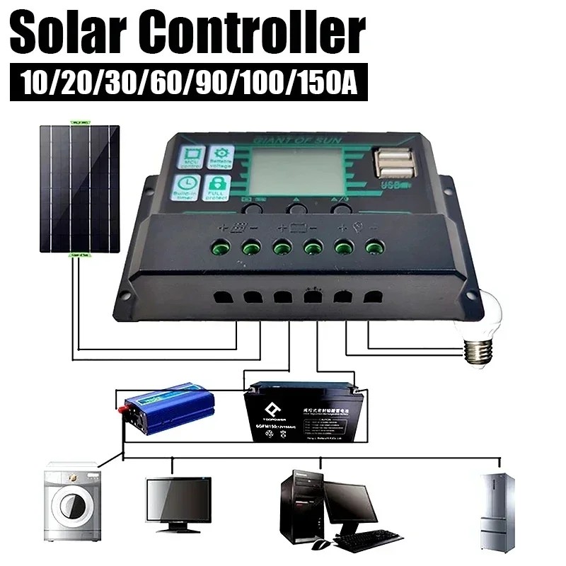 NEW 10/20/30/40/50/60/70/80/90/100/150A Solar Controller Digital Display LCD Screen 12V 24V Solar Pa