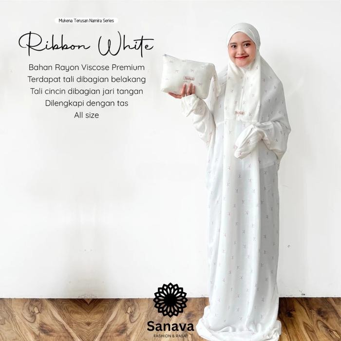 Mukena Terusan Dewasa Namira Series Ribbon White Mukena Putih Elegan Bahan Rayon Viscose Premium,