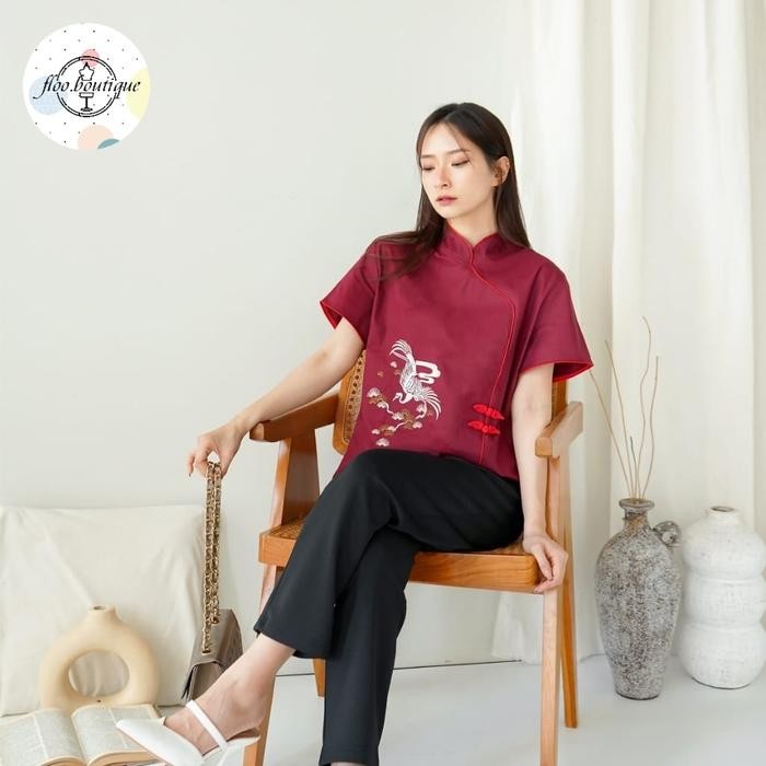 SIAPKIRIM Peacock qipao top - atasan qipao wanita motif bordir merak cny imlek big size size READY