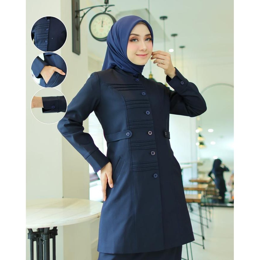 ASLI Seragam Kerja Dinas Guru/ASN Biru Dongker TUNIK STIK GARIS Wanita Setelan Rok Span/Rok.A/Celana