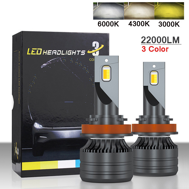 22000LM Dual-color H4 LED Car Headlight Tri-color H7 H11 H8 9005 HB3