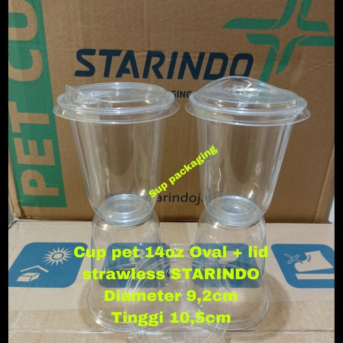 Stok Baru Gelas plastik pet 14oz Oval +Tutup Strawless STARINDO / CUP PET 14OZ
