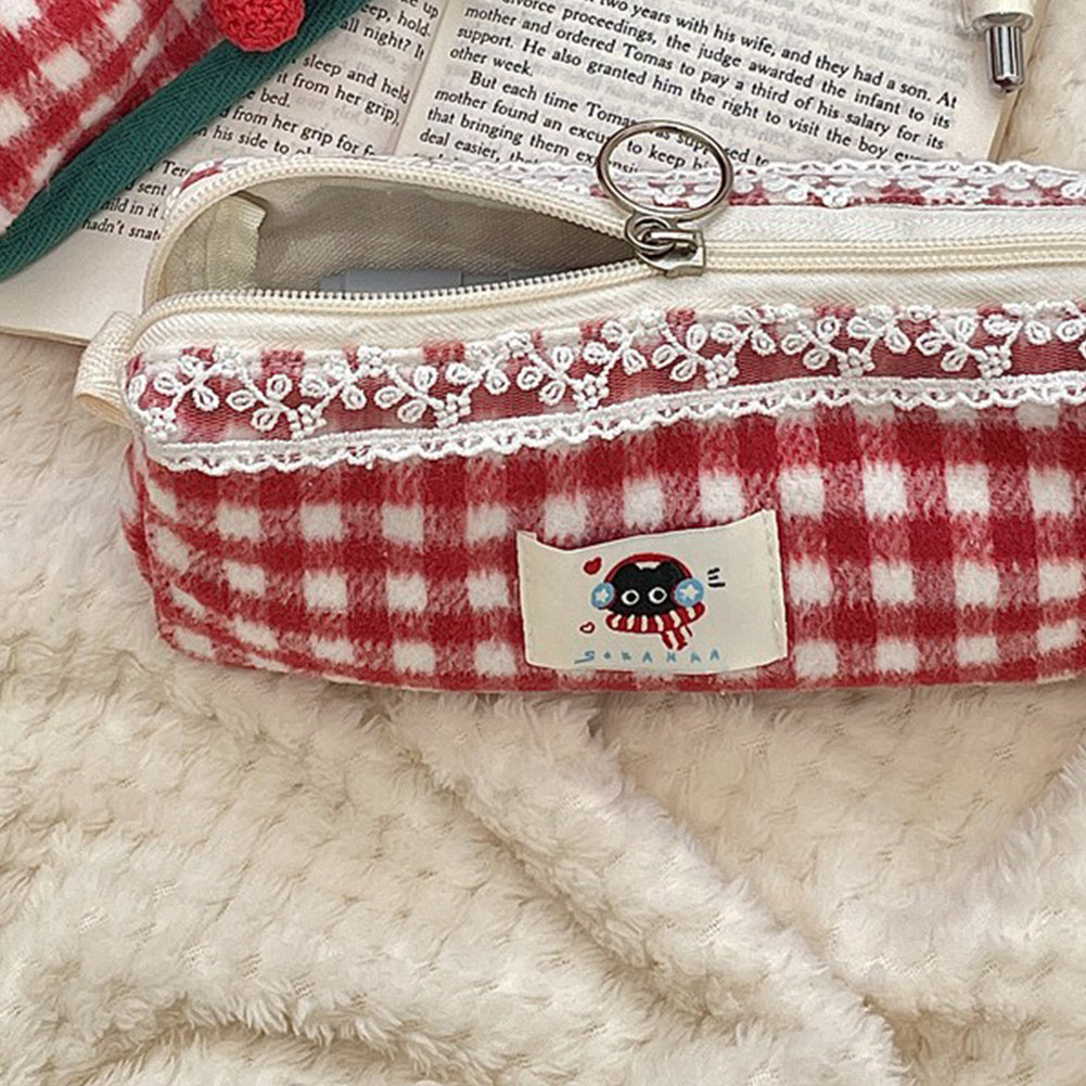 Cute Kitty Pencil Pouch with Apple Pendant Pencil Case Plaid Stationery Organizer for Girl Students