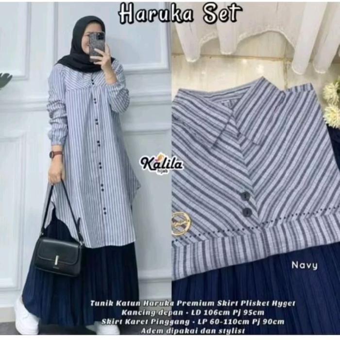 Haruka Set Tunik Katun Haruka Premium Rok&Tunik Haruka Garis Terbaru 