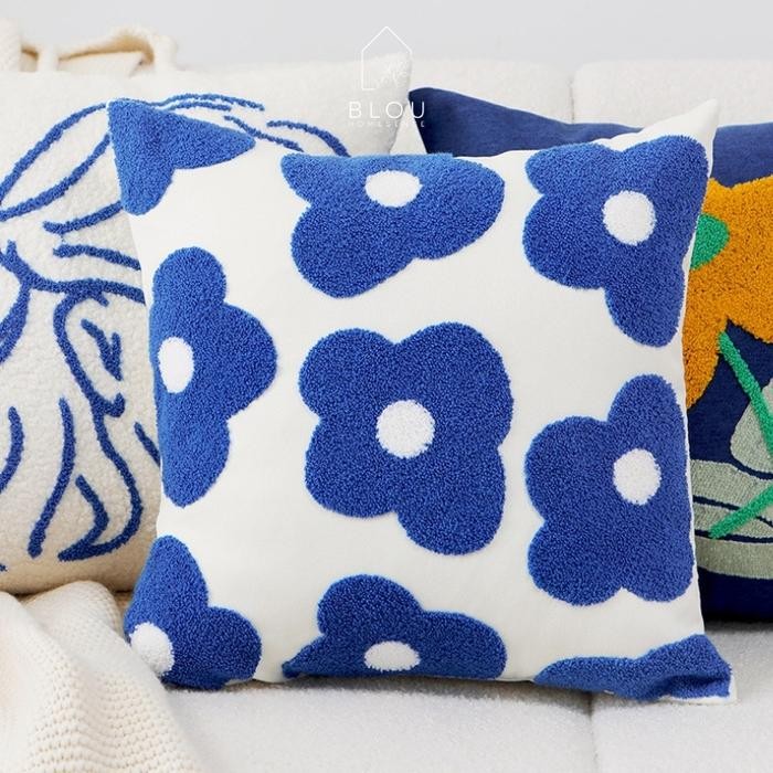 Blou Sarung Bantal Sofa Preum Tufted Pillowcase Nordic Motif Bunga Korean Style Abstrak Lucu Biru