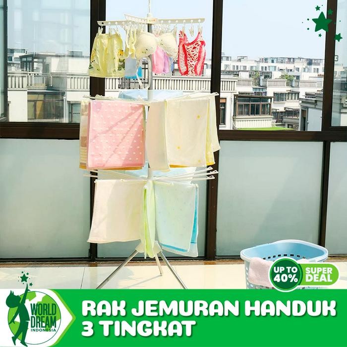 WORLD DREAM Jemuran Menara 3 Tingkat Jemuran Baju Bayi 3 Susun Stainless Plastik PP Rak Jemuran