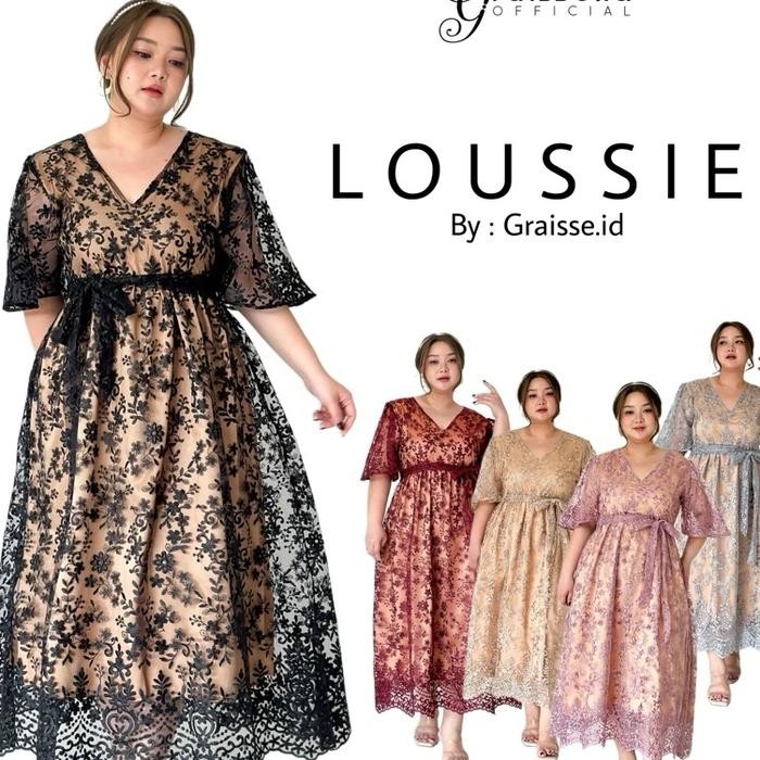 JUMBO DRESS PESTA WANITA 2 TONE LOUSSIE BROKAT TILE BORDIR LD 130