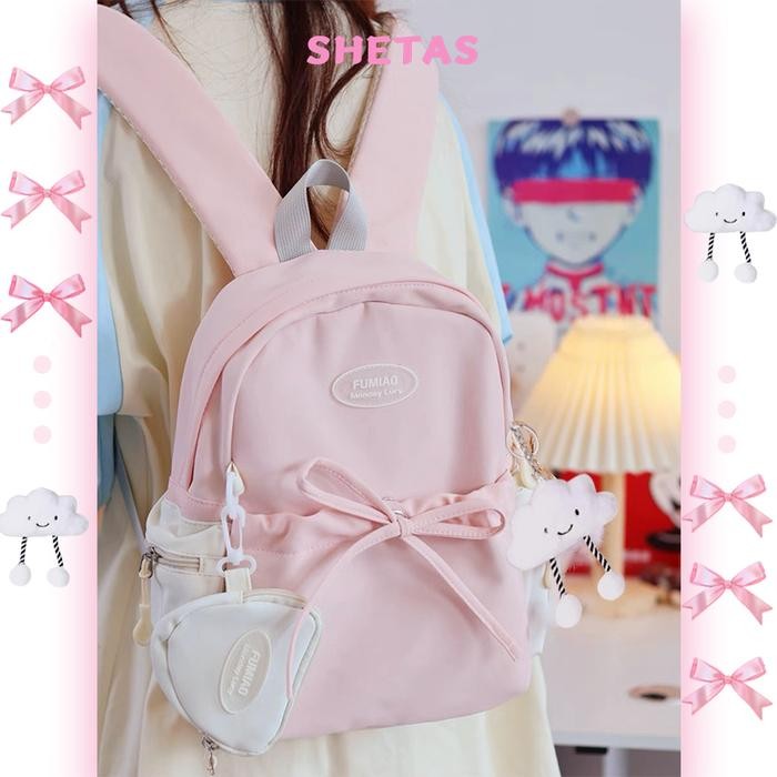 TERLARIS SHETAS Mini Tas Ransel Pita Imut 2025 Korea Import, Kualitas Tinggi, Bonus Dompet Kecil,