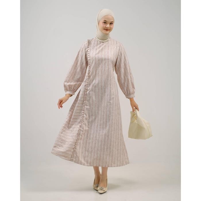 Mayoutfit Shareen Mididress Dress Wanita Motif Salur Tali Pinggang Grey Muslim