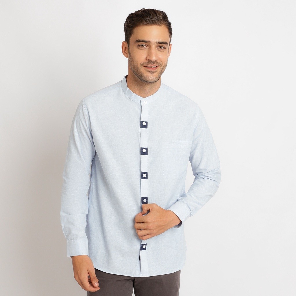 Kemeja Koko Pria Atasan Muslim Baju Koko Kurta Lengan Panjang Warna Biru Langit BK204122