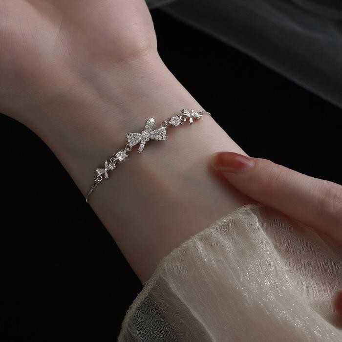 Gelang Serut Busur Zirkon Mengkilap Manis Wanita Gelang Perak Kristal Aesthetic Gelang