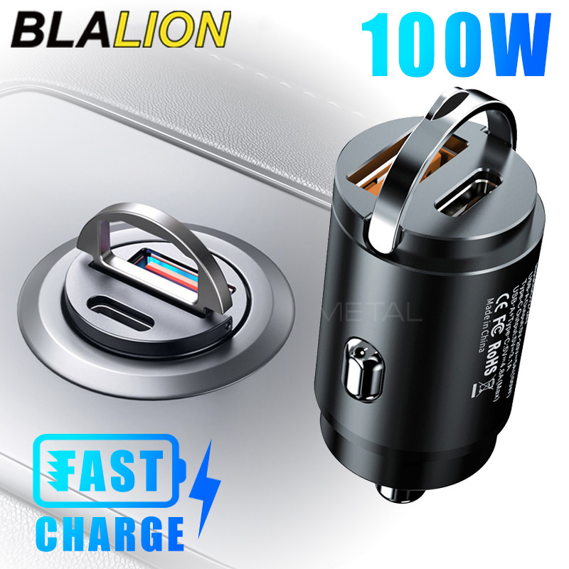 BLALION Mini 100W USB Car Charger Type C QC3.0 5A Fast Charging 2 Port 12-24V Cigarette Socket Light