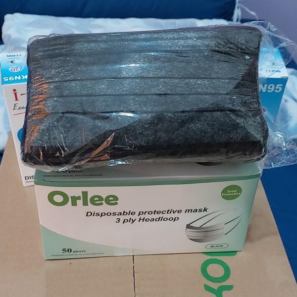 KJB Masker hitam medis Hijab headloop 3 Ply 3Ply ORLEE Black Charcoal Abu