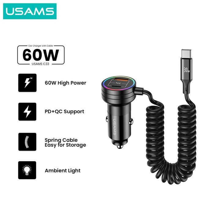 USAMS C33 Car Charger Mobil With Spring Cable 60W