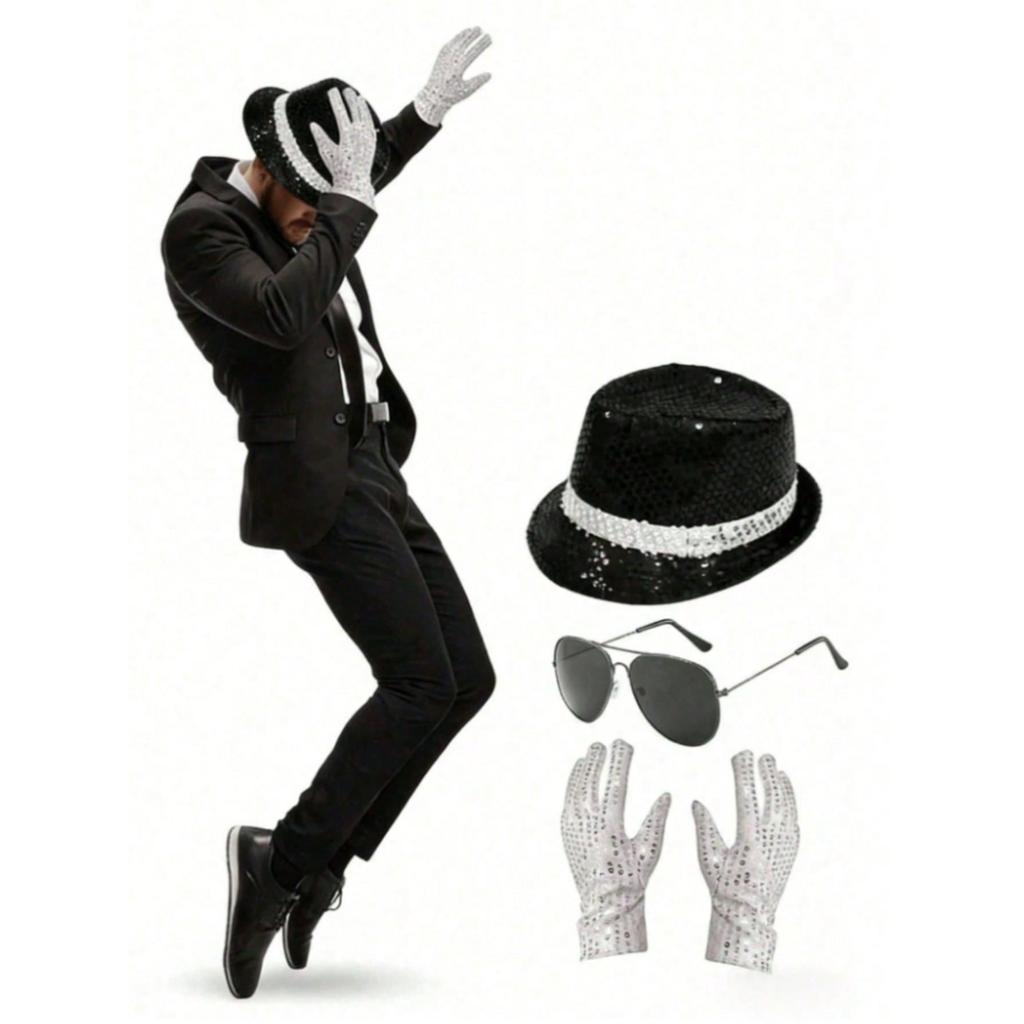 Michael Jackson Costume Accessories Set - Sequin Fedora Hat + Rhinestone Gloves + Aviator Sunes,