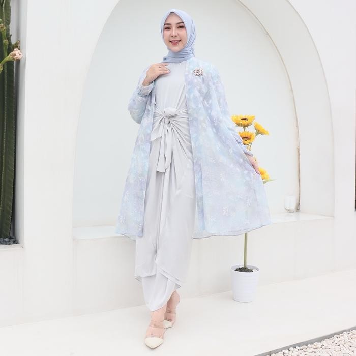 Leoni Set Kaftan Set Gamis Sutra Baju Pesta Mewah Pakaian Wanita Kekinian Kaftan Sutra Motif Muslim