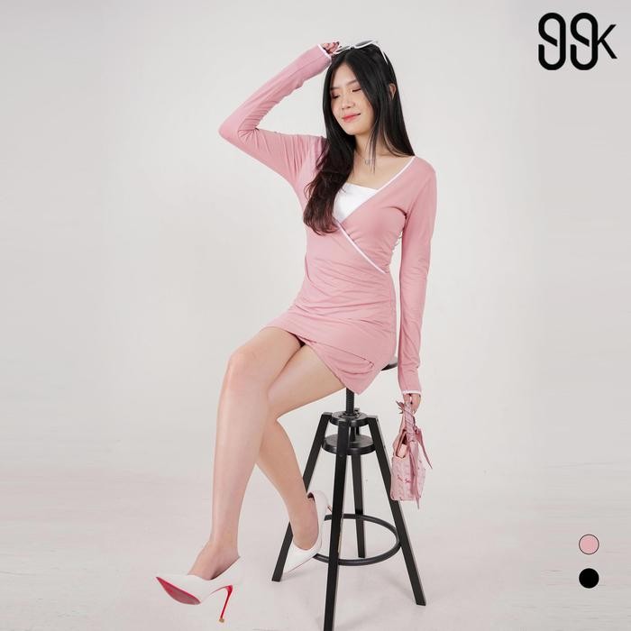 Pilihan- V Neck Long Sleeve Hip Wrap Short Bodycon Dress 1753 (S/M/L/Xl)
