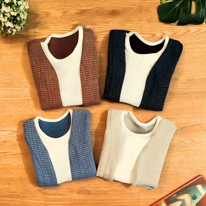 Setelan Baju Anak Bayi Laki-Laki Model Outer Nyatu Dengan Kaos dan Celana Panjang Motif Kemeja