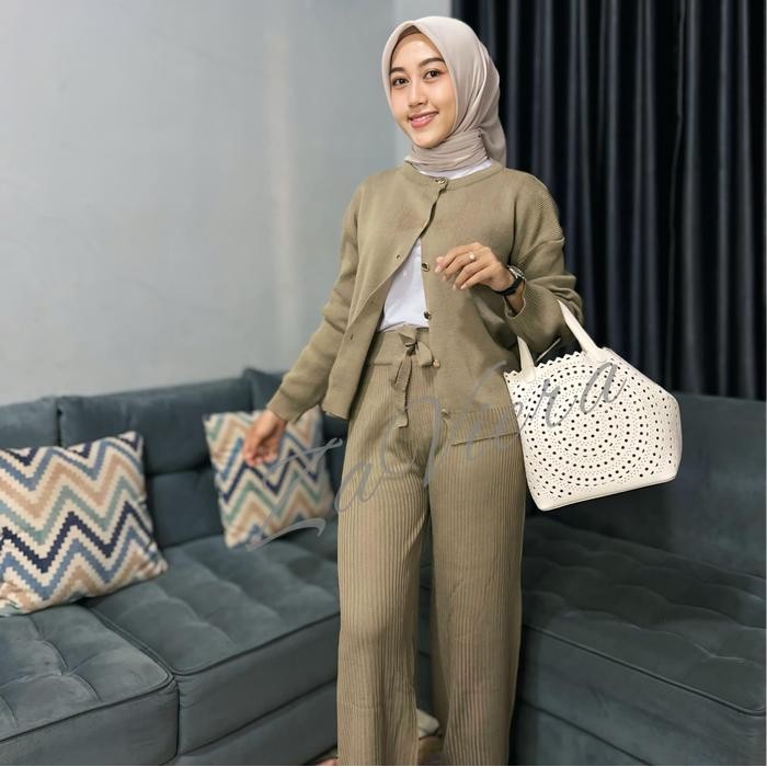080j- Zf - One Set Cardigan Clara Kancing Polos Dan Kulot Rajut Premium Atasan Bawahan