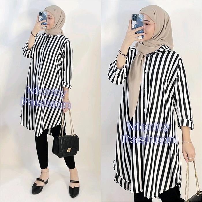 KirimCpT- Tunik Salur Hitam Putih Dewasa Montyfashion 137 Tunik Atasan