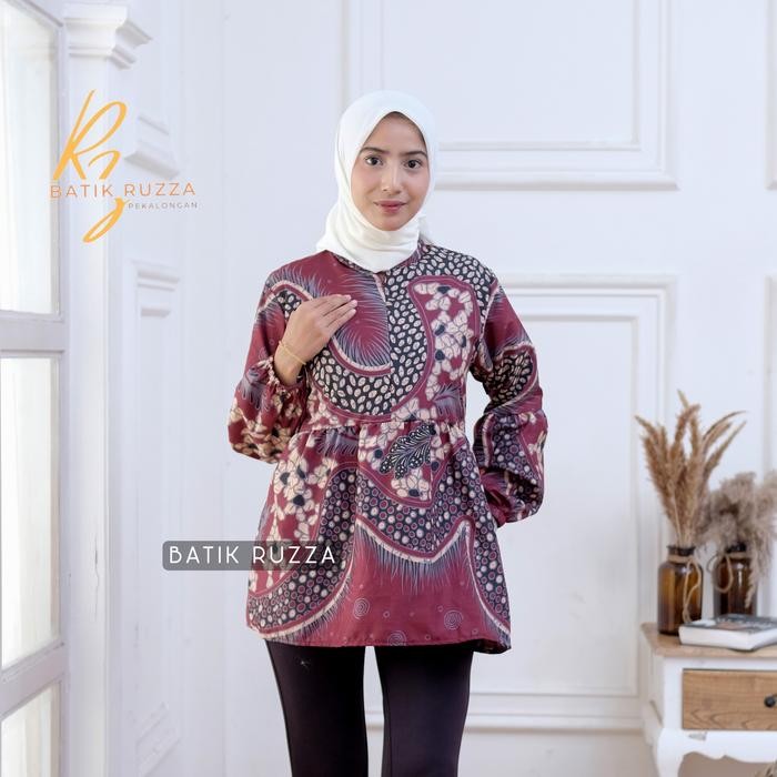 Ruzza Batik Wanita Blouse Atasan Resleting Depan Lengan Panjang Balon S M L Xl Xxl Xxxl Jumbo Baju
