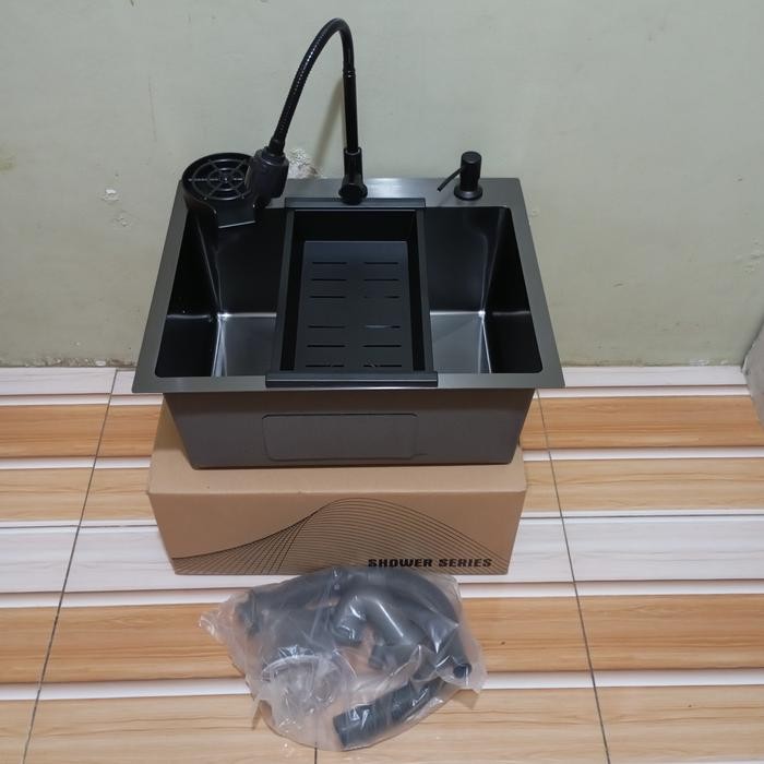 bak cuci piring hitam 52x43/komplit kitchen sink hitam 52x43/wastafel hitam 52x43