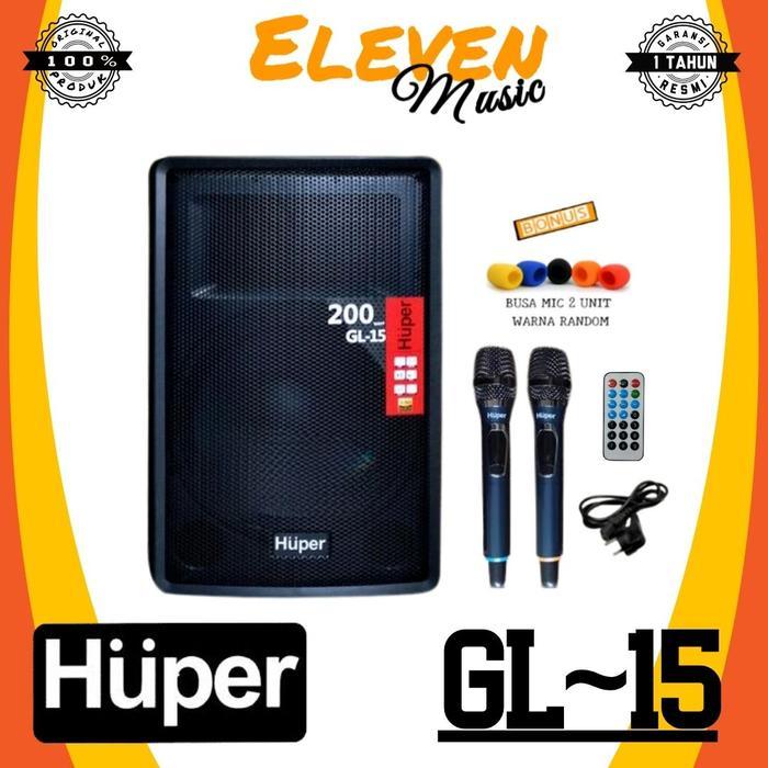 Huper GL15 15" Speaker Portable Wireless dengan Antena & Mikrofon Nirkabel 200 Watt Bass Treble Kont