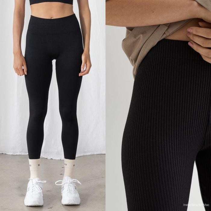 H&M Ribbed Seamless Sport Leggings Yoga Legging Panjang Hitam