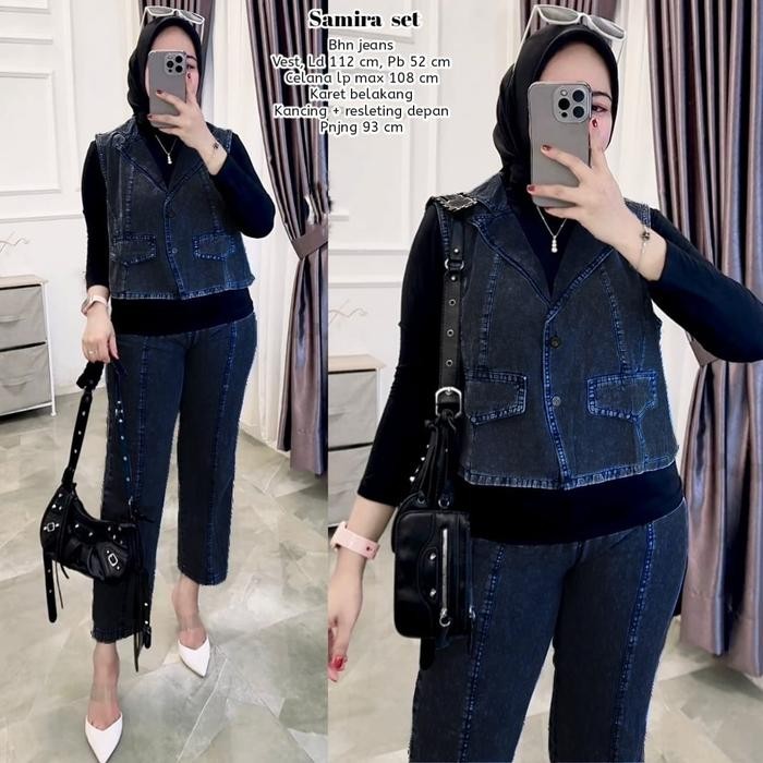 SIAPKIRIM Baju Setelan Wanita Muslim Samira Set Celana Vest Rompi Jeans Polos Cantik Fashion