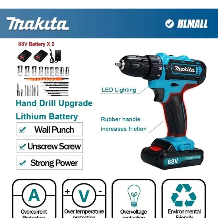Mesin Bor Makita 88V Cordless Hand Drill 2 Baterai Bor Kayu Besi Tembok
